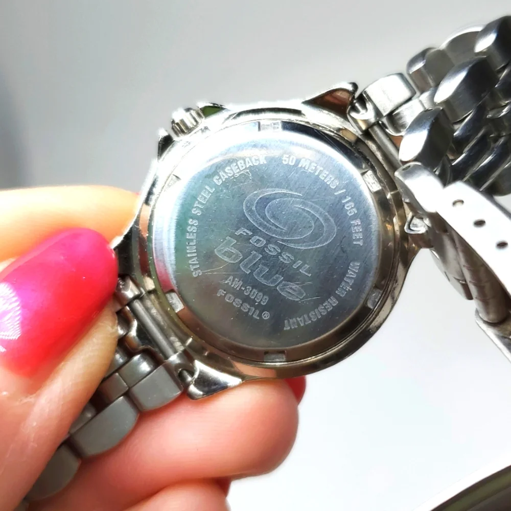 Vintage Fossil Blue AM-3099 Blue Dial Silver Watch